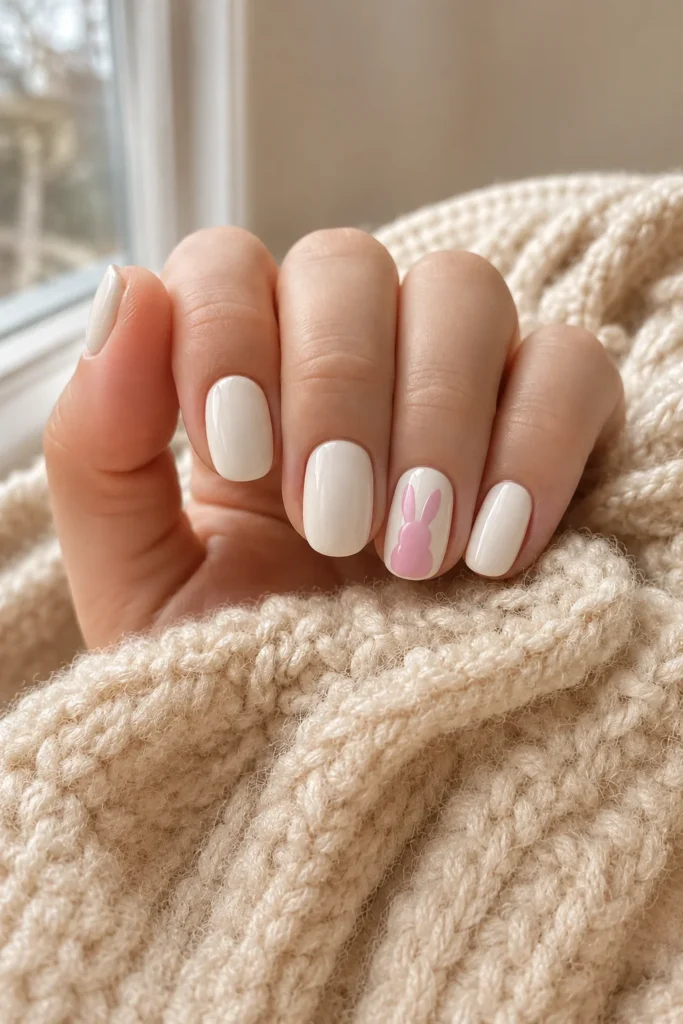 Pastel pink bunny accent nail on cream base.