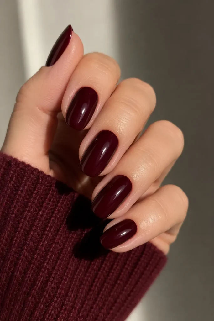Deep burgundy dip powder nails fall winter manicure