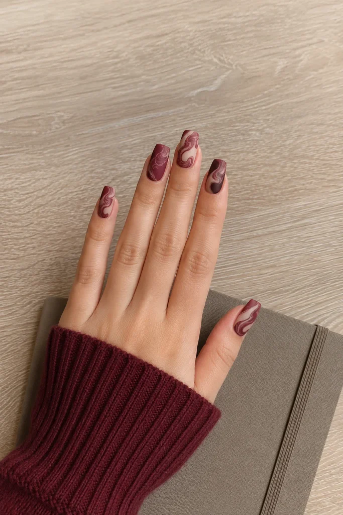 Burgundy and nude marble nail art