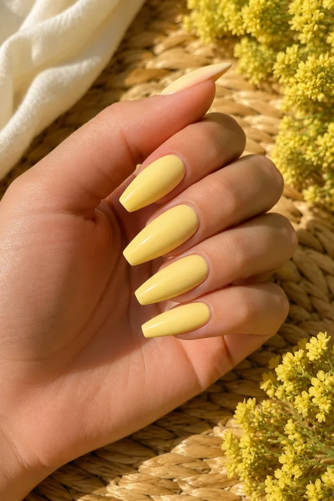 Creamy butter yellow ballerina nails for spring