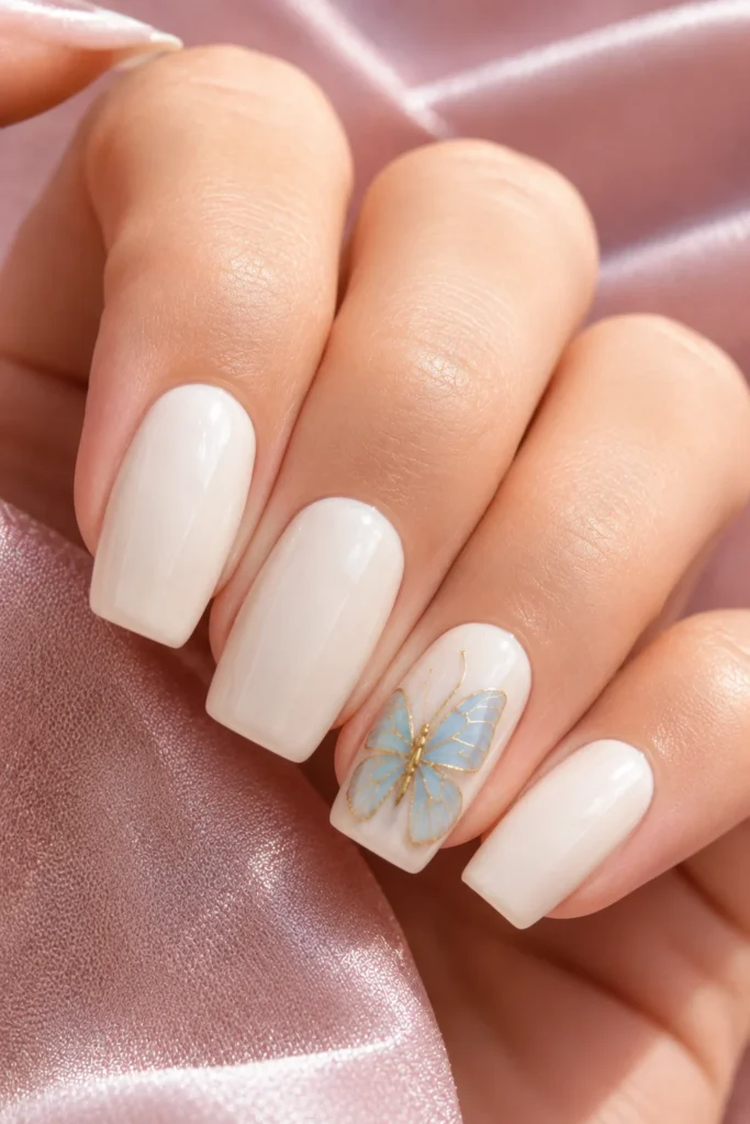 Pastel blue butterfly painted on an ivory nail.