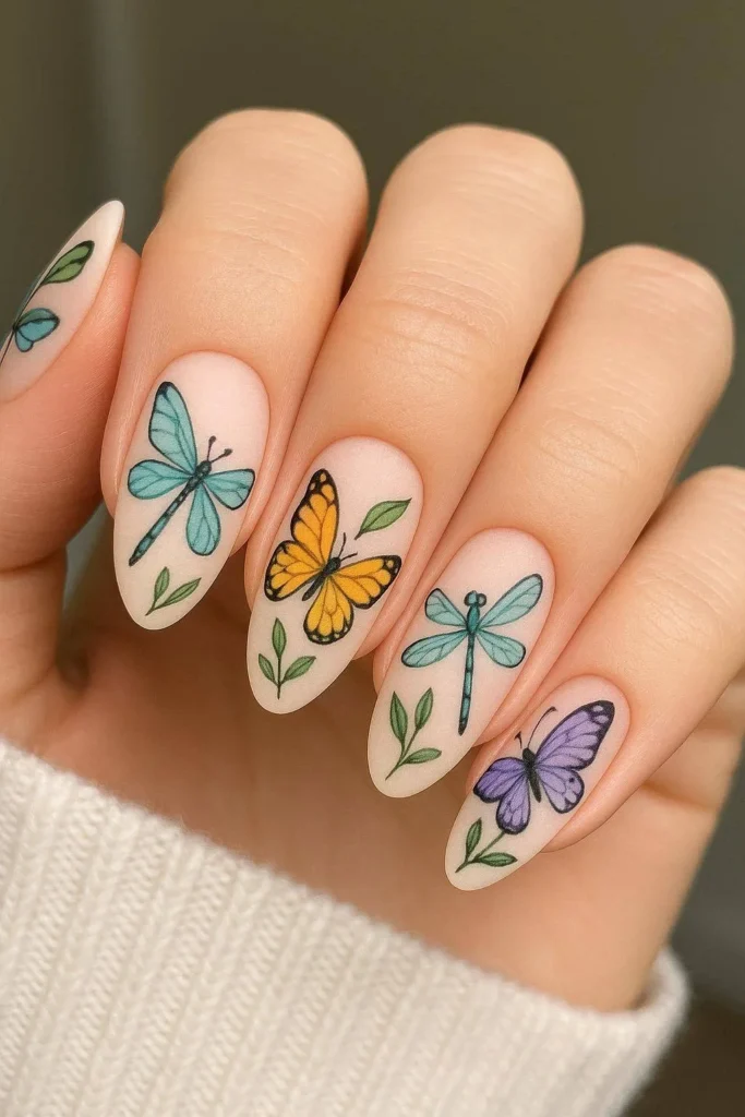 Butterfly and dragonfly nail art on elegant nails