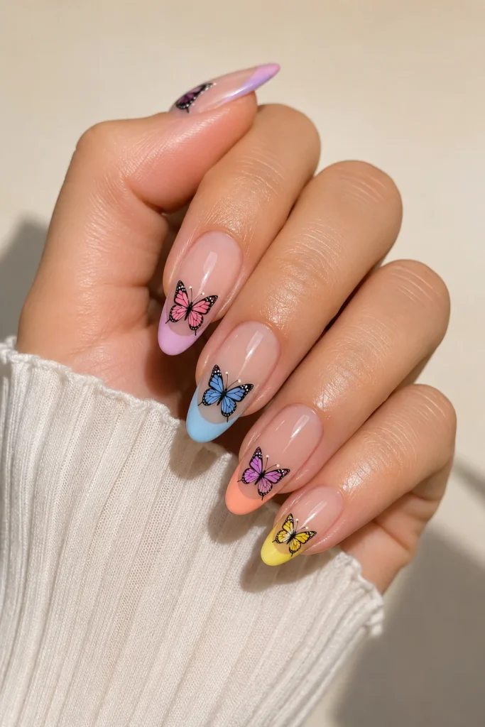 Butterfly accent french tip nail design