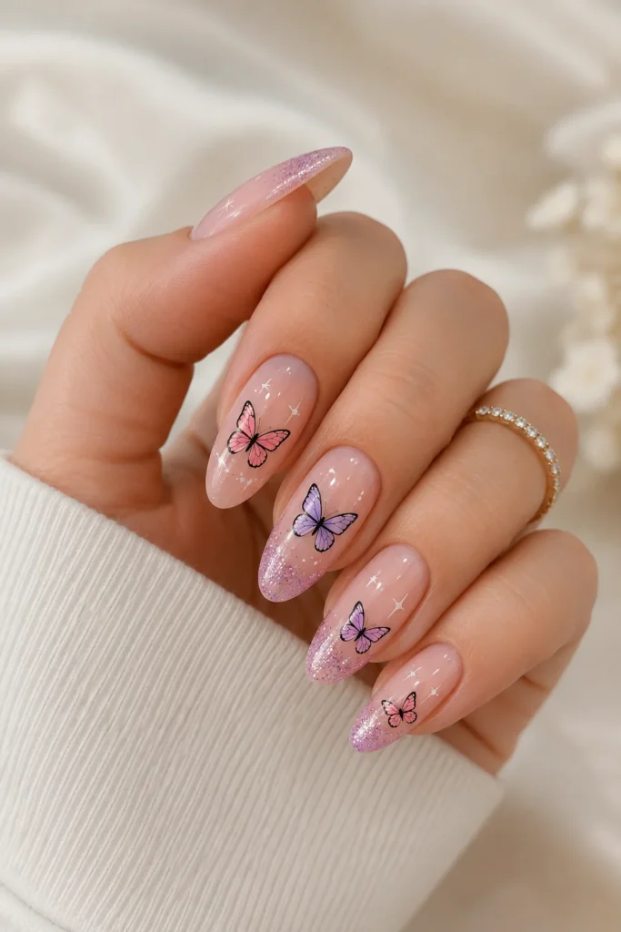 Butterfly nail art nude pastel baby shower manicure design