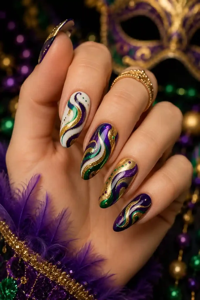 Colorful swirl nail art inspired by Mardi Gras parade