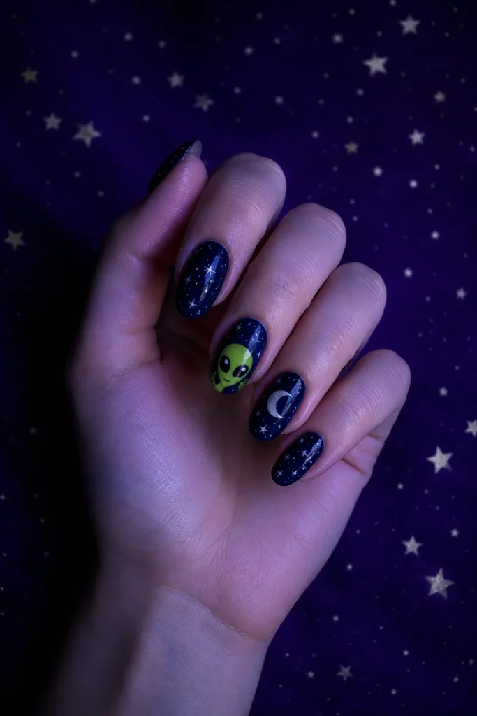 Green cartoon alien nails with stars and crescent moon
