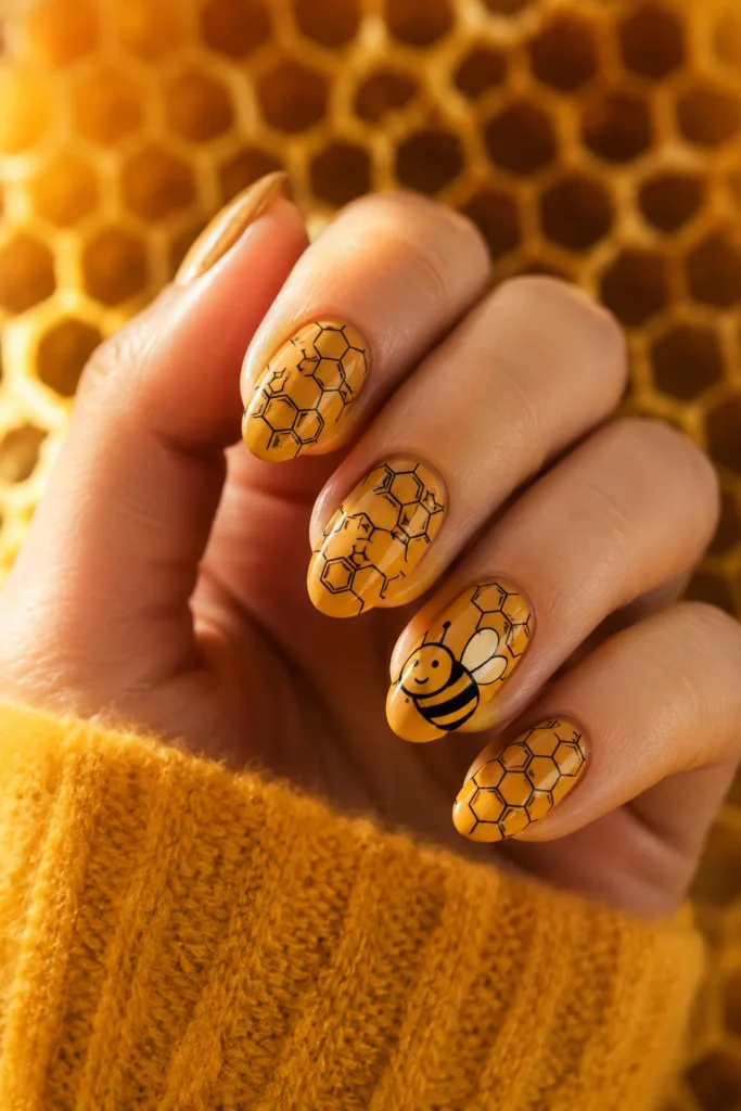 Cartoon bee nails with honeycomb patterns and golden tones