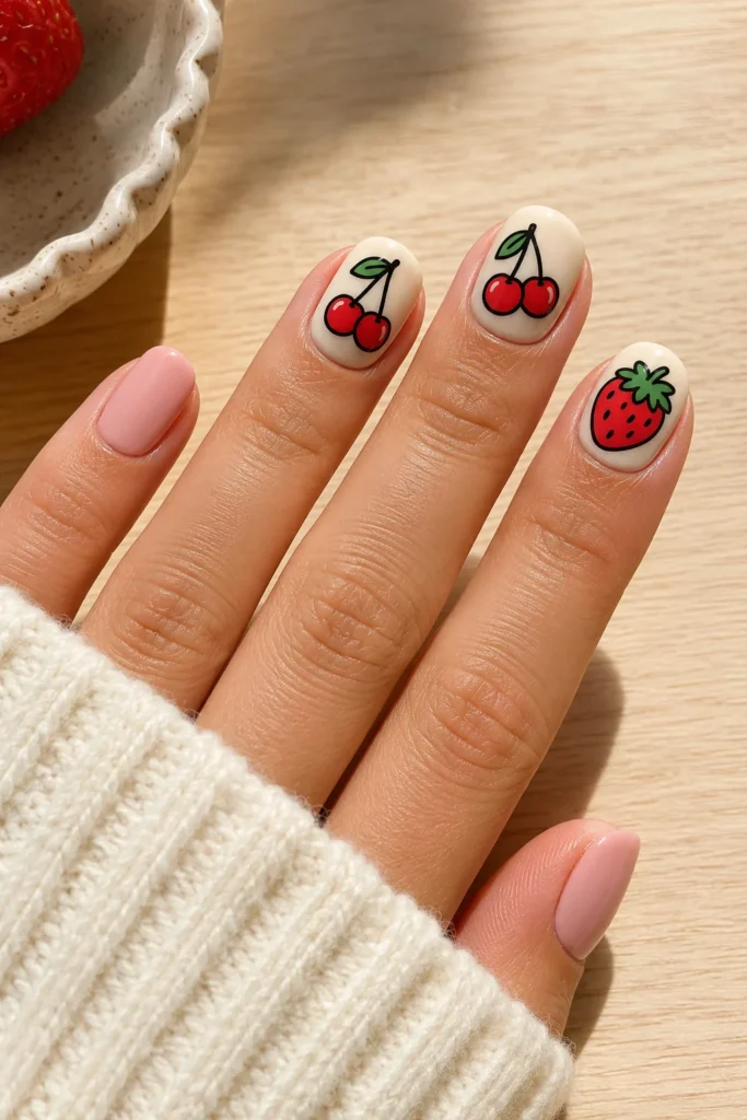 Cartoon cherry and strawberry nails on a cream base