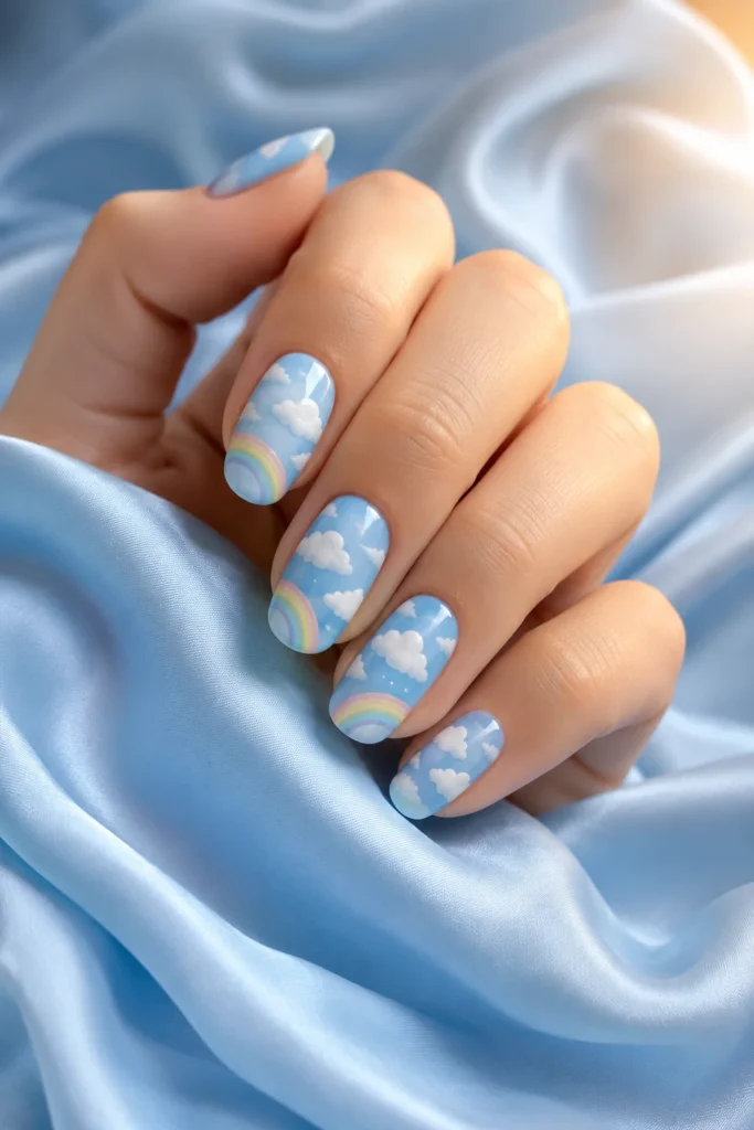 Cartoon cloud nails with pastel rainbow accents on blue polish