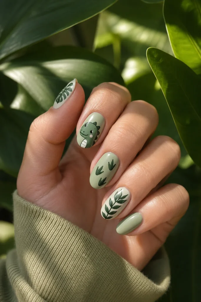 Cute cartoon dinosaur nails with leaf accents on sage green