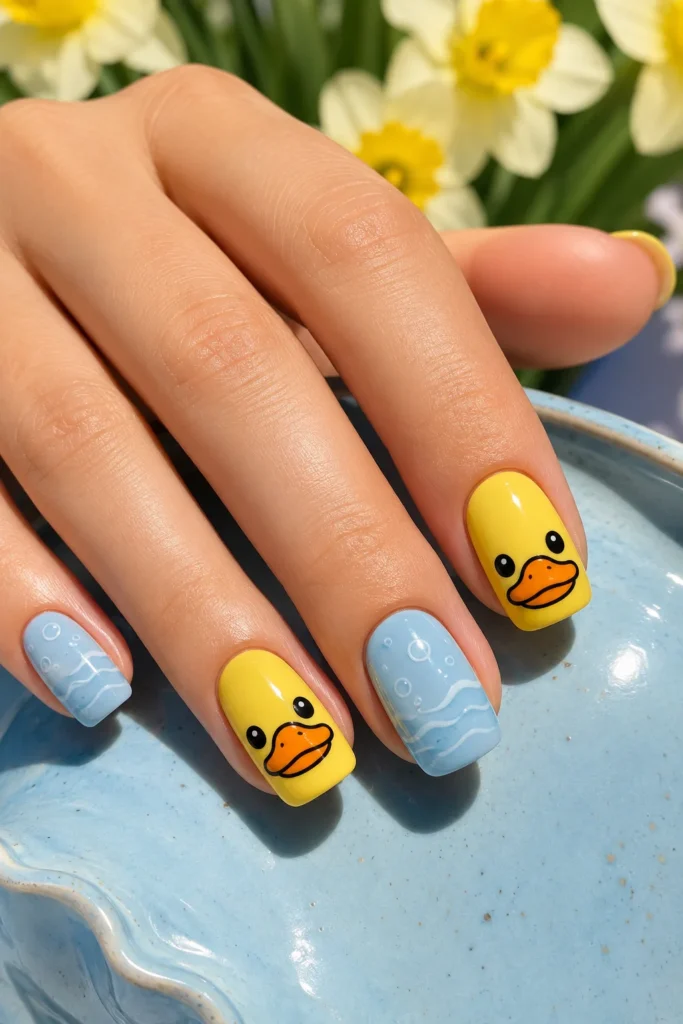 Bright yellow cartoon duck face nails with blue water accents