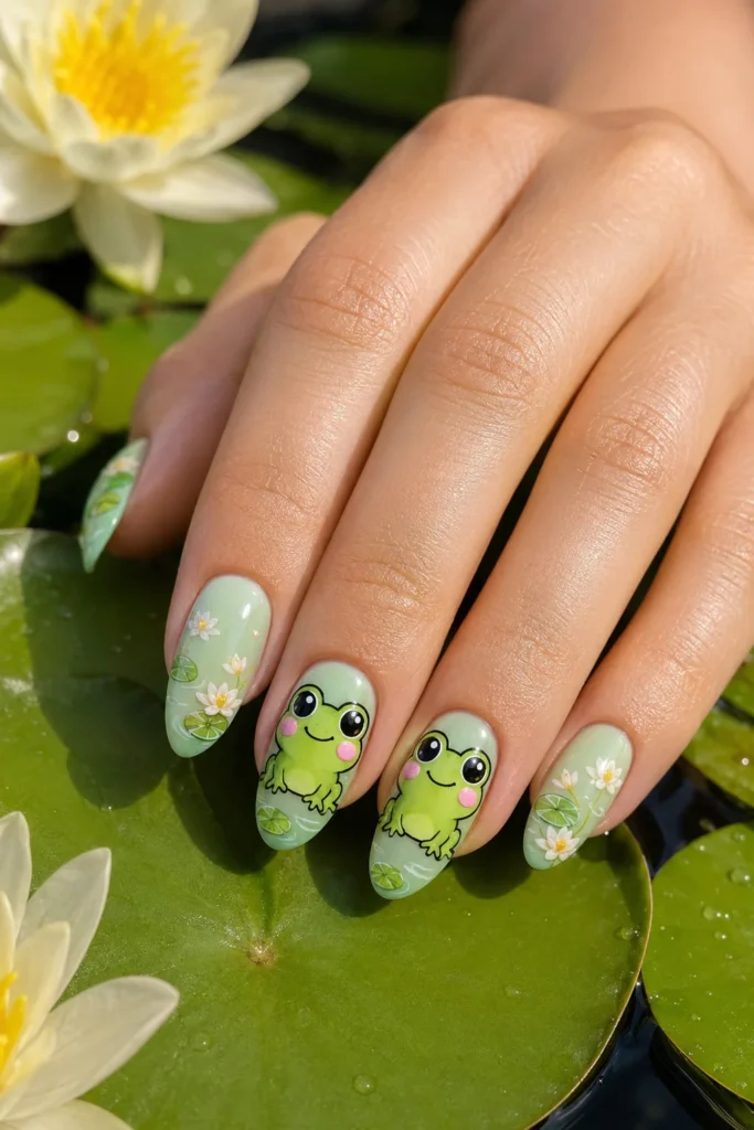 Cute cartoon frog nails with lily pads and water ripples