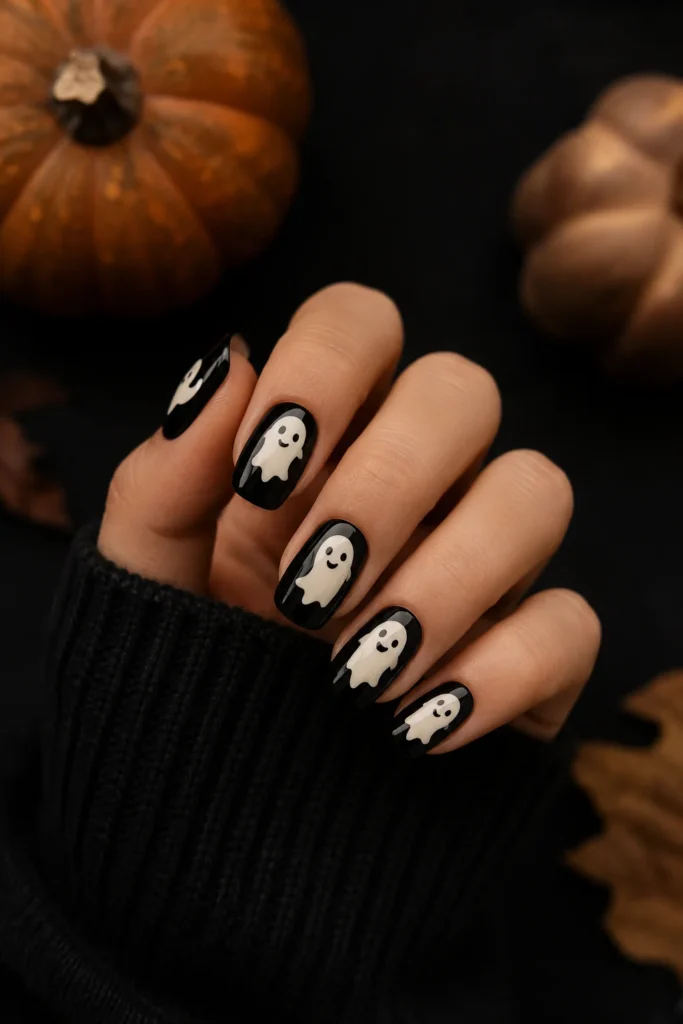Cute smiling ghost nail art on black Halloween nails