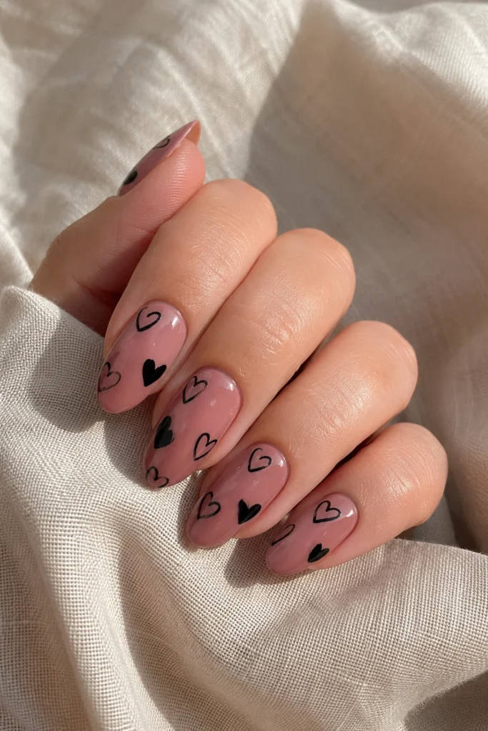 Dusty rose nails with hand-drawn black cartoon heart doodles