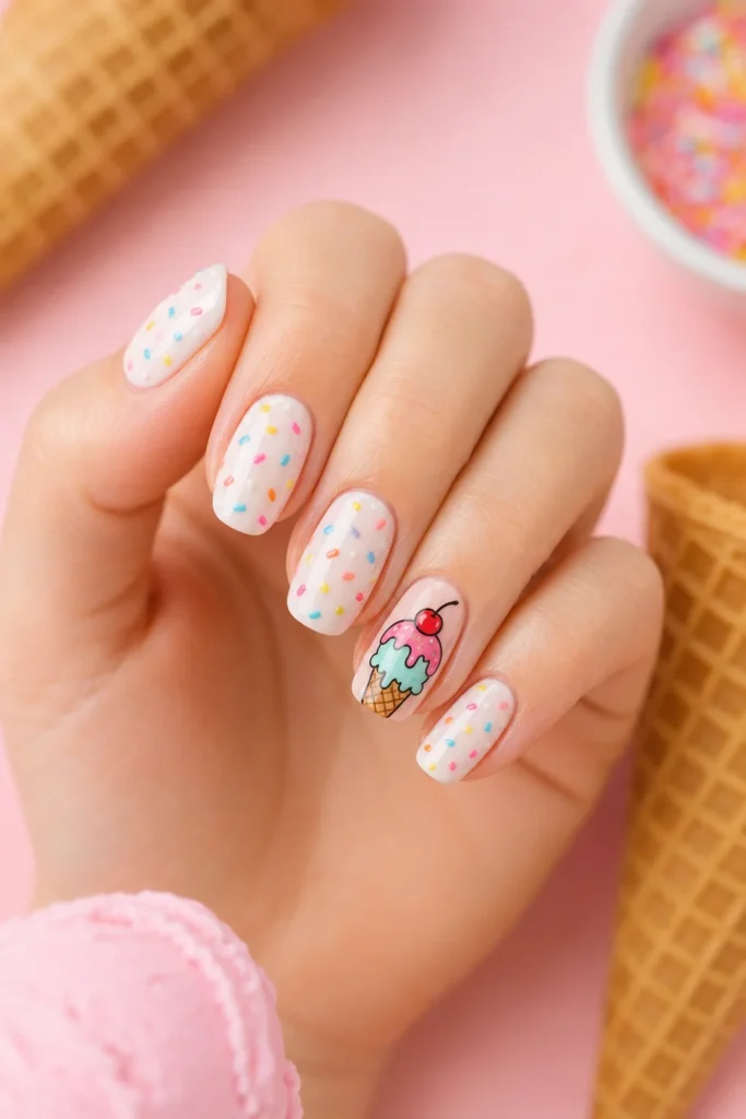Cartoon melting ice cream cone nails with colorful sprinkles