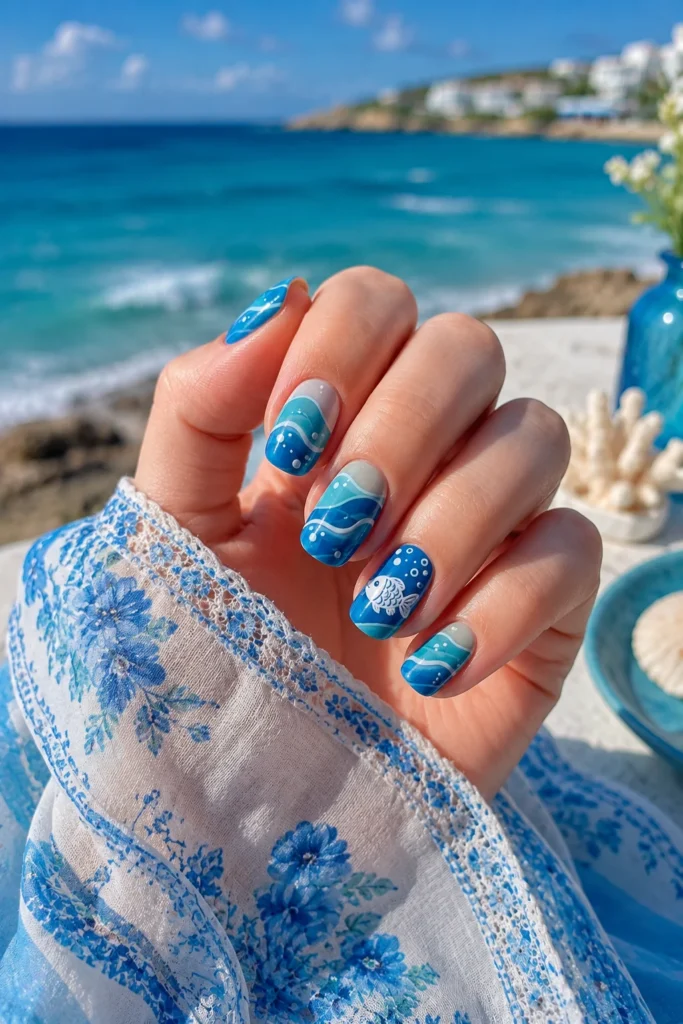 Cartoon fish nail art with teal ocean wave designs
