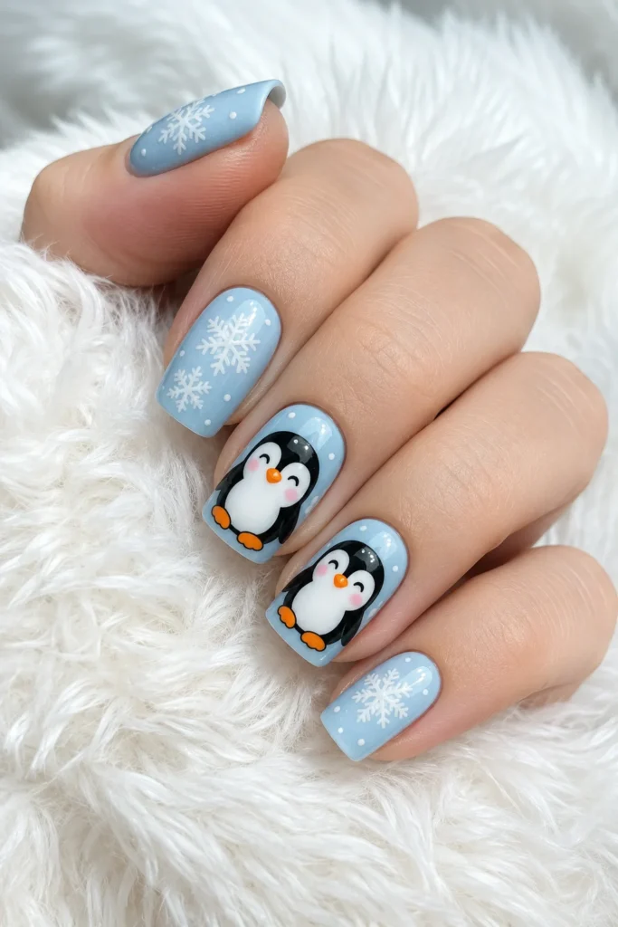 Cartoon penguin nails with snowflakes on icy blue polish