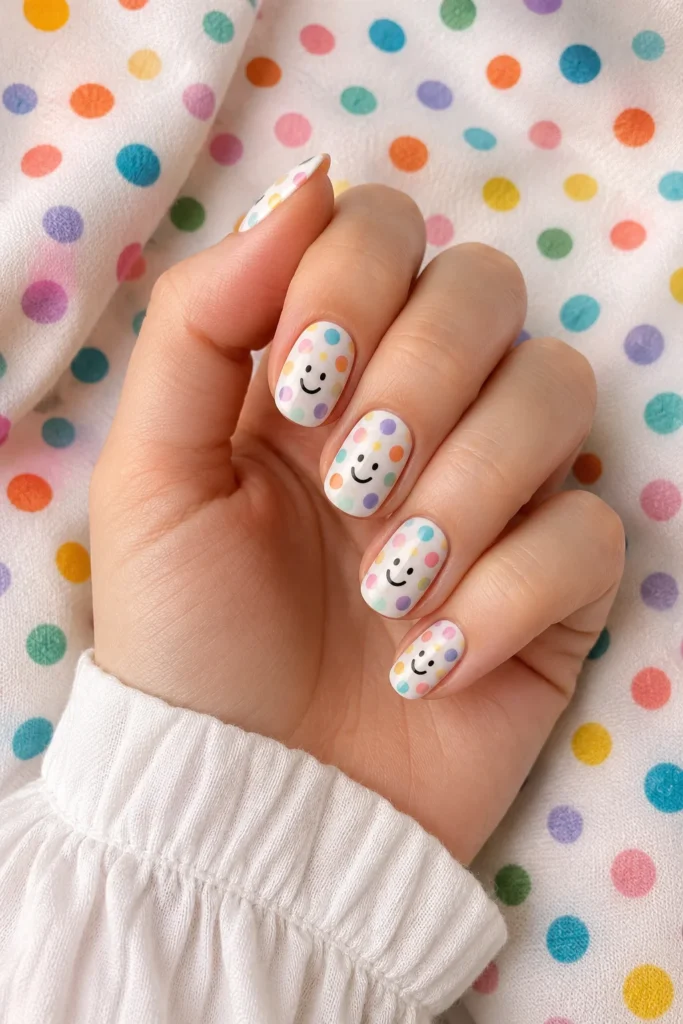 White nails with pastel polka dots featuring tiny cartoon faces