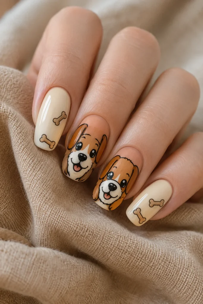 Cute cartoon puppy nails with tiny bone illustrations