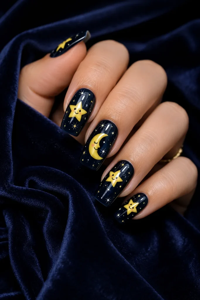 Smiling cartoon stars and crescent moon nail art
