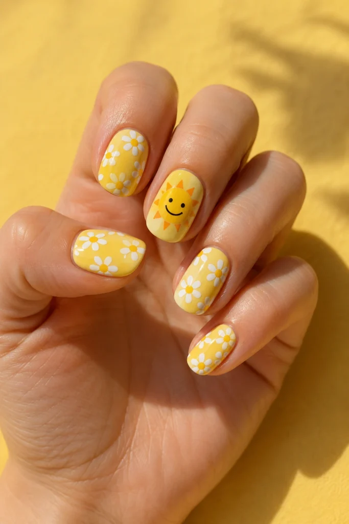 Smiling cartoon sun nails with white daisy nail art