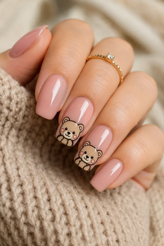 Cute teddy bear cartoon nail art on nude pink manicure
