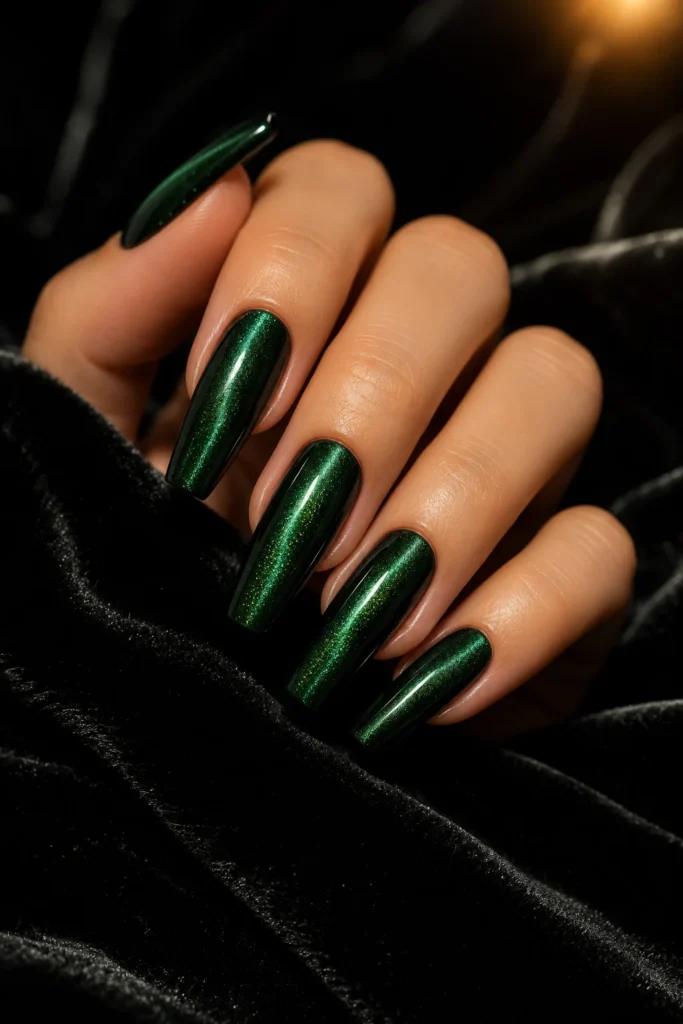 Emerald cat eye ballerina nails with magnetic shimmer
