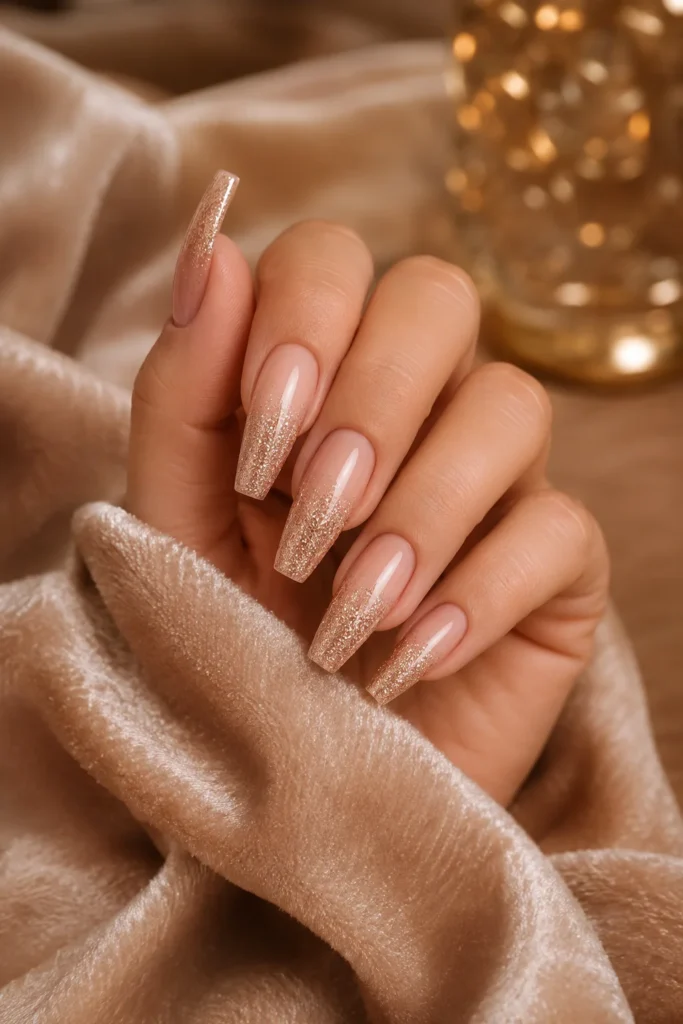 Champagne glitter fade ballerina nails on nude base