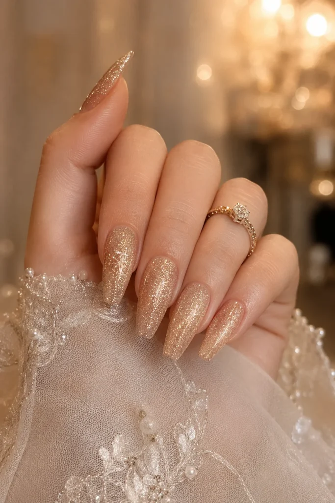 Soft champagne shimmer glitter bridal wedding nails