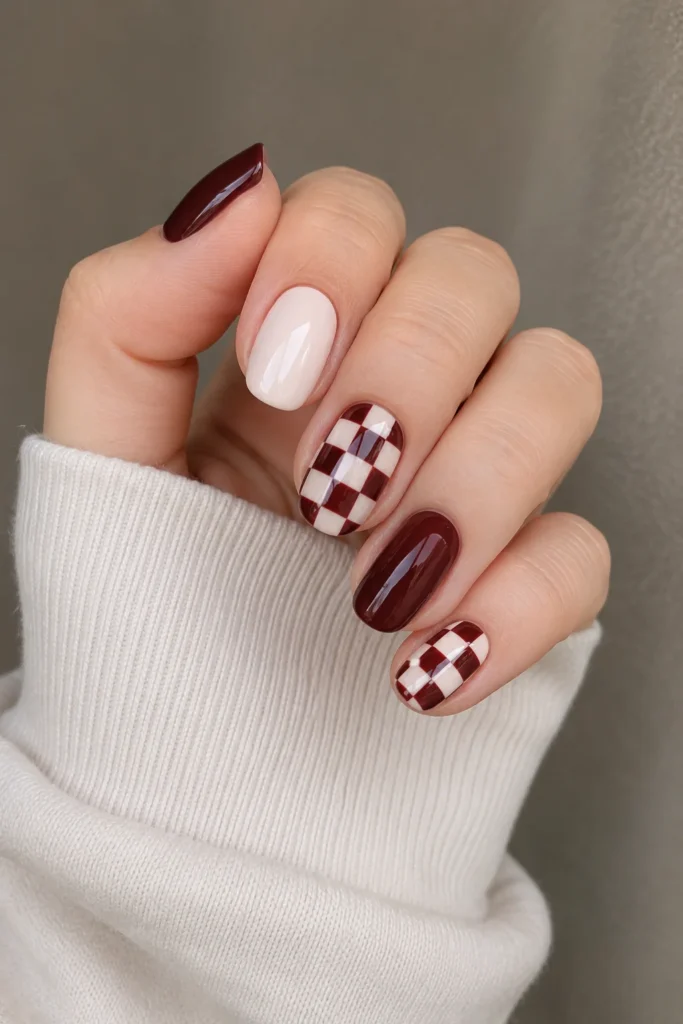 checkerboard accent short nails