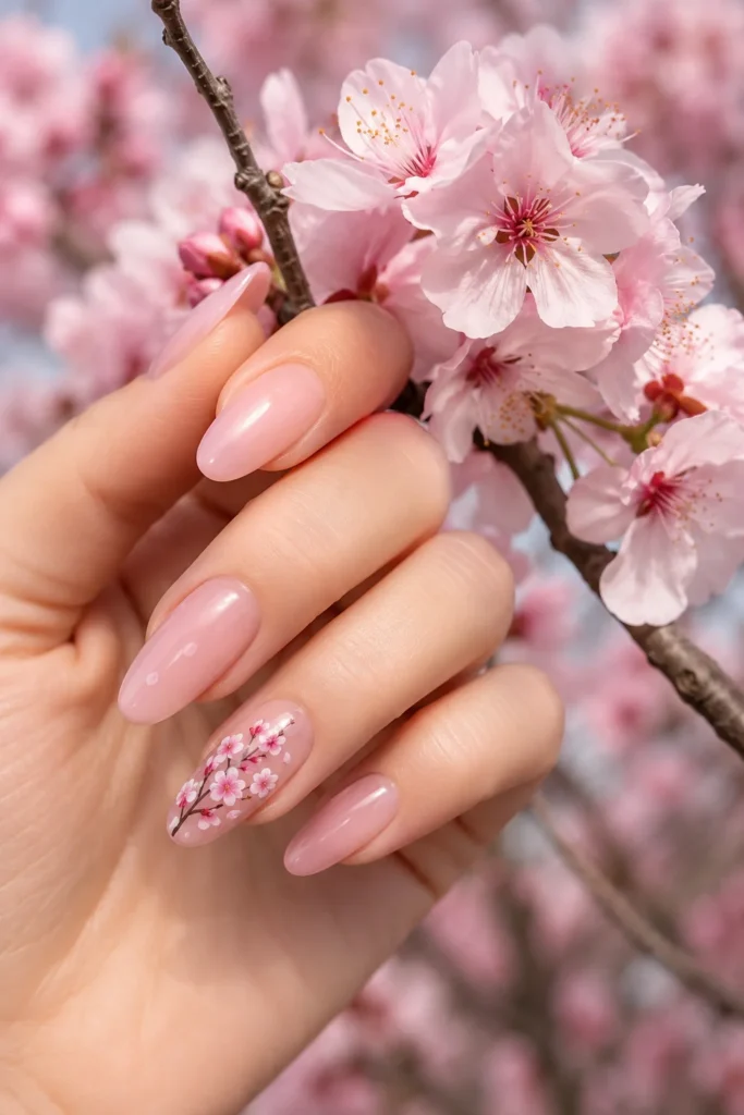 Sheer pink nails with delicate cherry blossom accent nail art