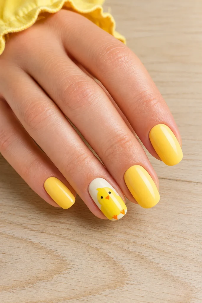Yellow chick accent nail with orange beak detail.