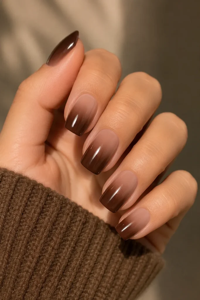 Chocolate brown dip powder nails polished salon manicure