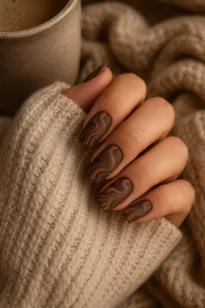 Chocolate brown marble nail art