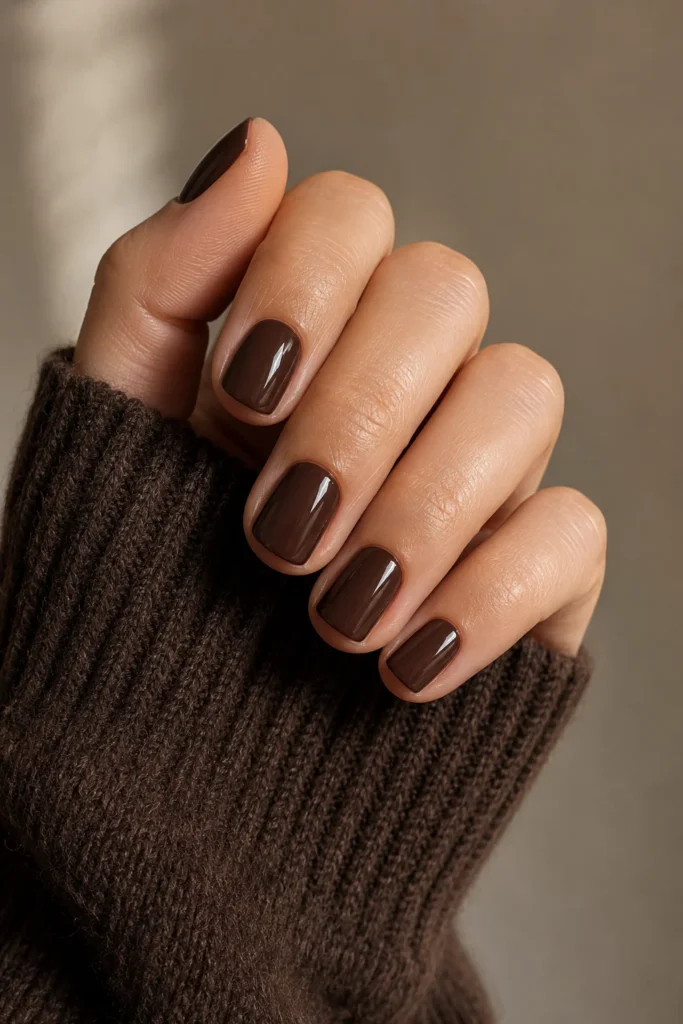 Rich chocolate brown polish on short nails