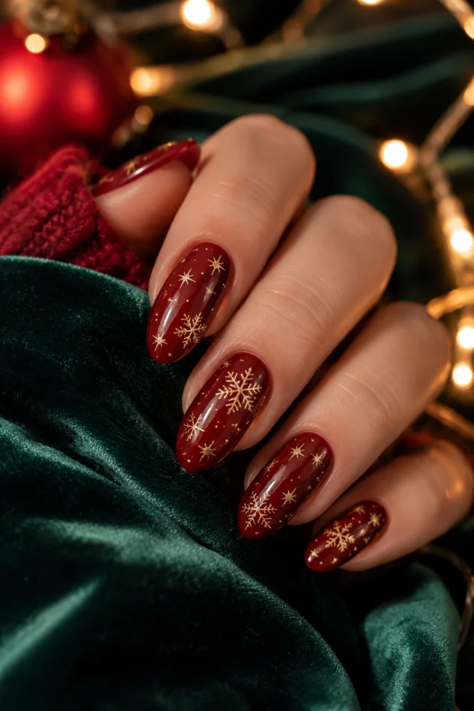 Red and gold Christmas nail art with stars and snowflakes