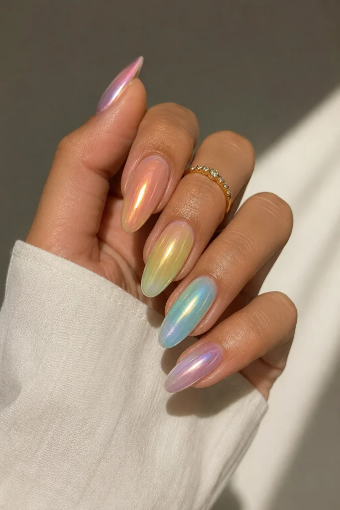 pastel chrome shimmer aura summer nail design