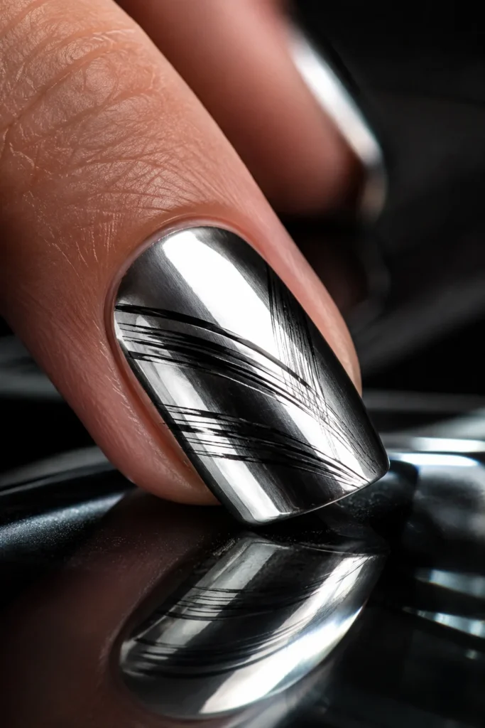 Silver chrome nails with matte black brush strokes