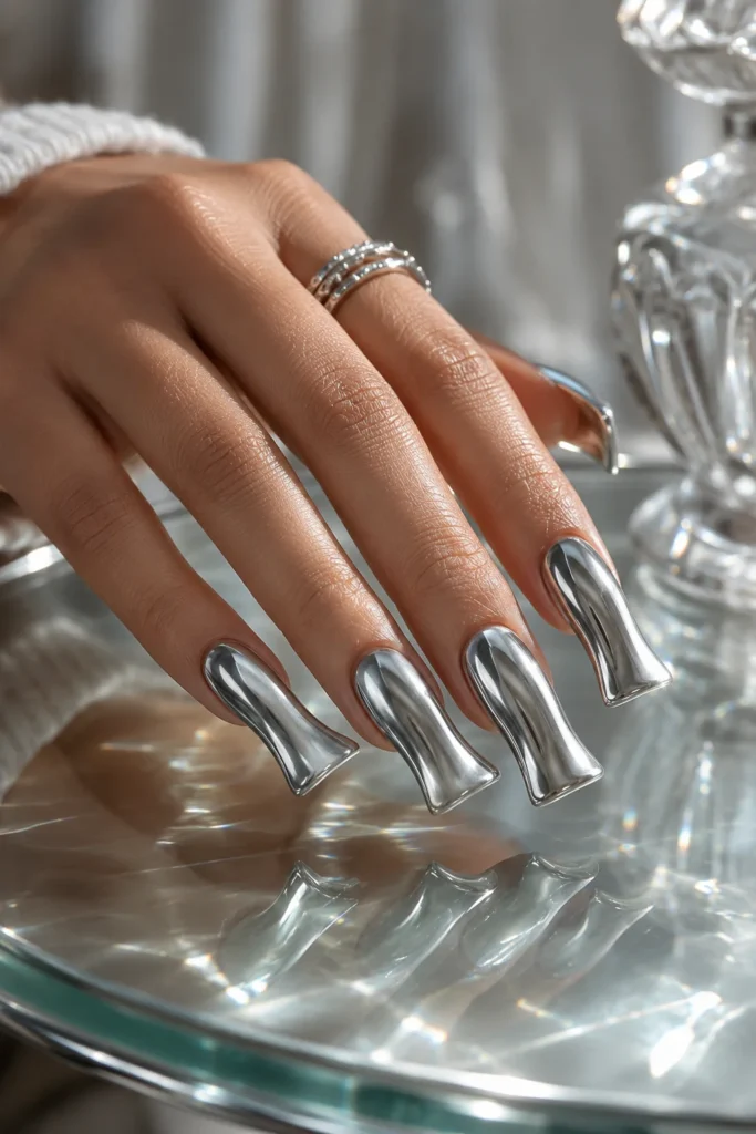 Silver chrome duck nails with a mirror-like metallic finish