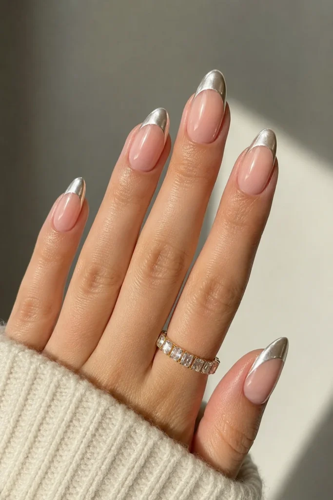Pearl chrome French tips with glossy finish