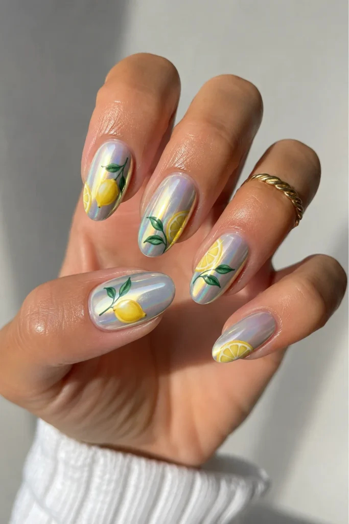 Pearl chrome nails with delicate lemon illustrations