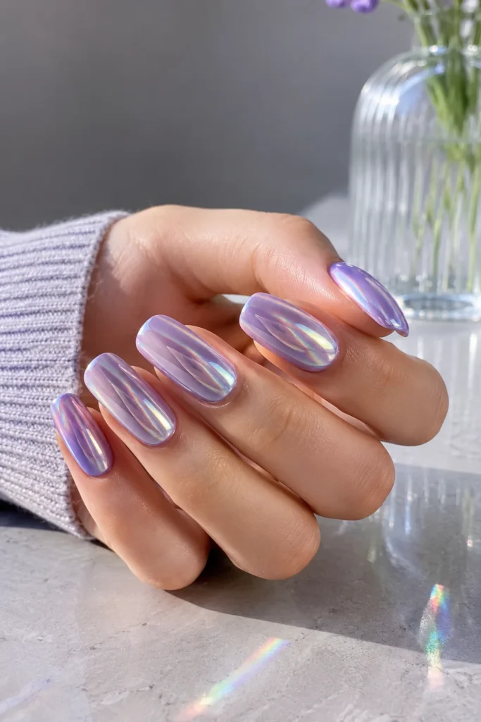 Shiny lavender chrome powder nail finish close up.