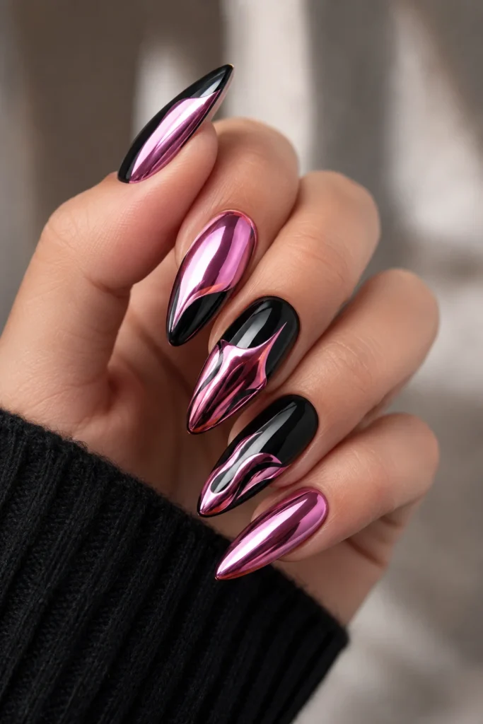 Chrome pink and black mirror finish nail design