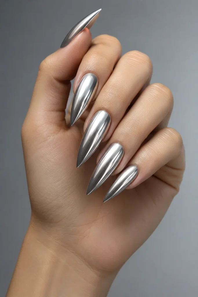 Reflective silver chrome pointy nails with glossy mirror finish