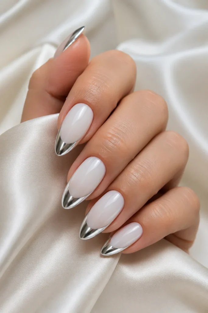 White almond nails with chrome silver French tips