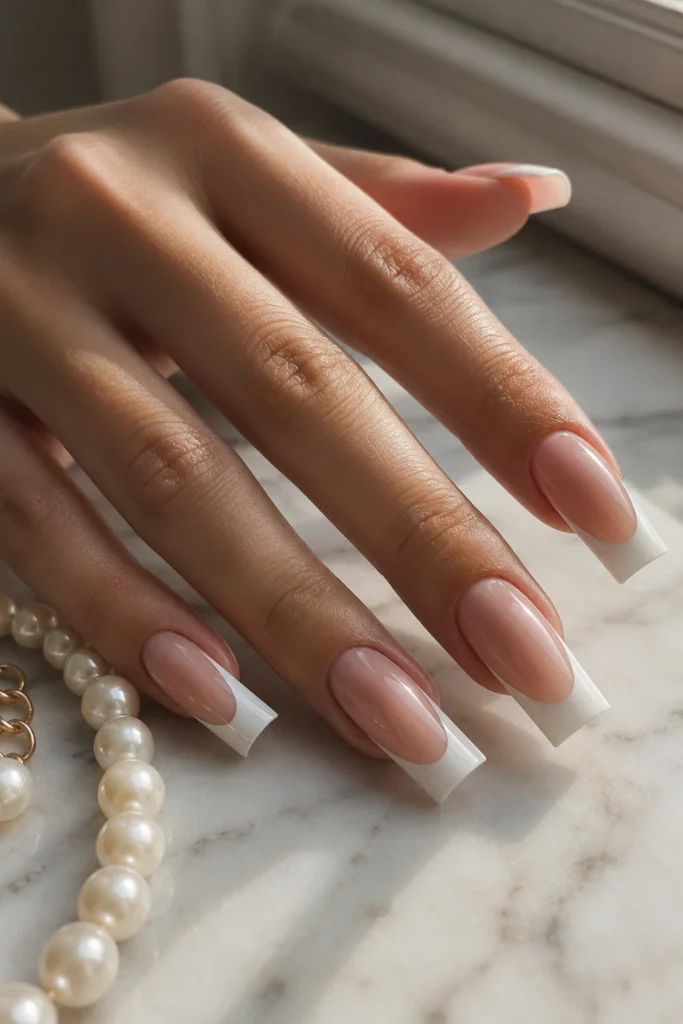 Classic French duck nails with white tips on a nude pink base