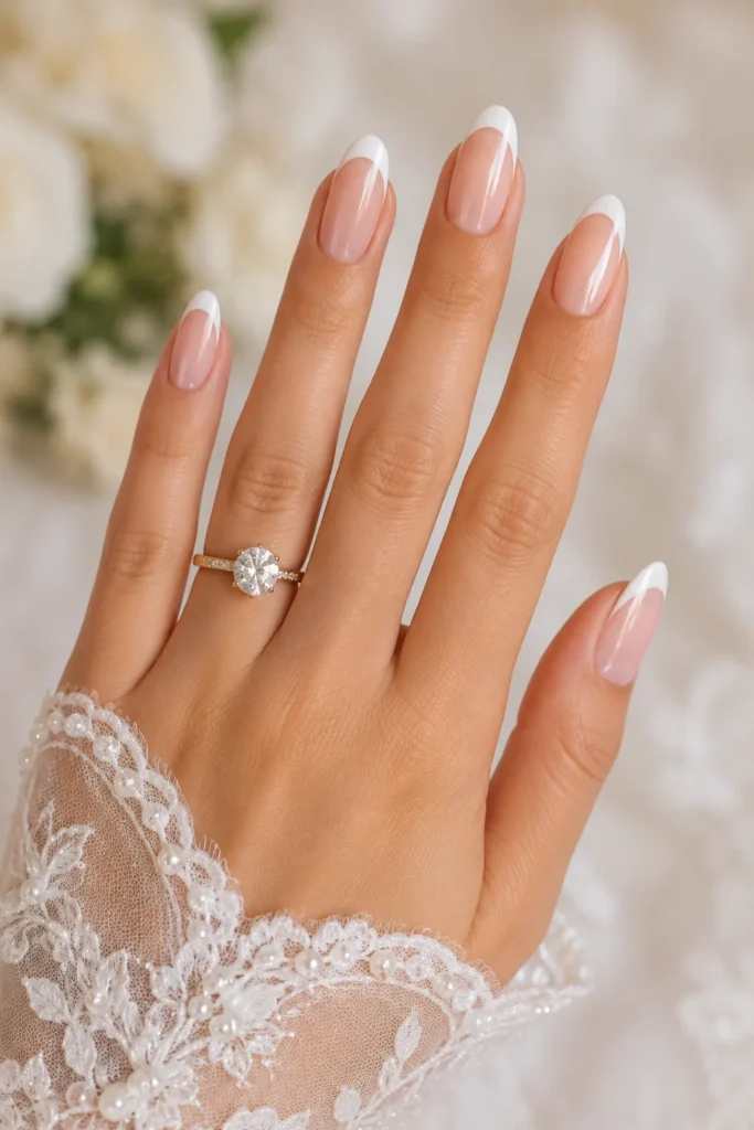 Classic white French tip bridal wedding manicure design