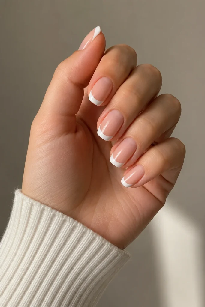 Classic white French tip nails on sheer nude base