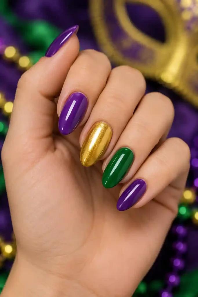 Classic purple green and gold Mardi Gras manicure