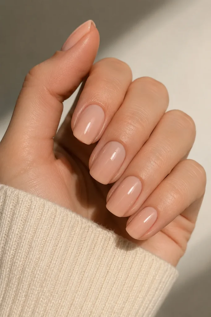 Glossy nude dip powder nails elegant everyday manicure